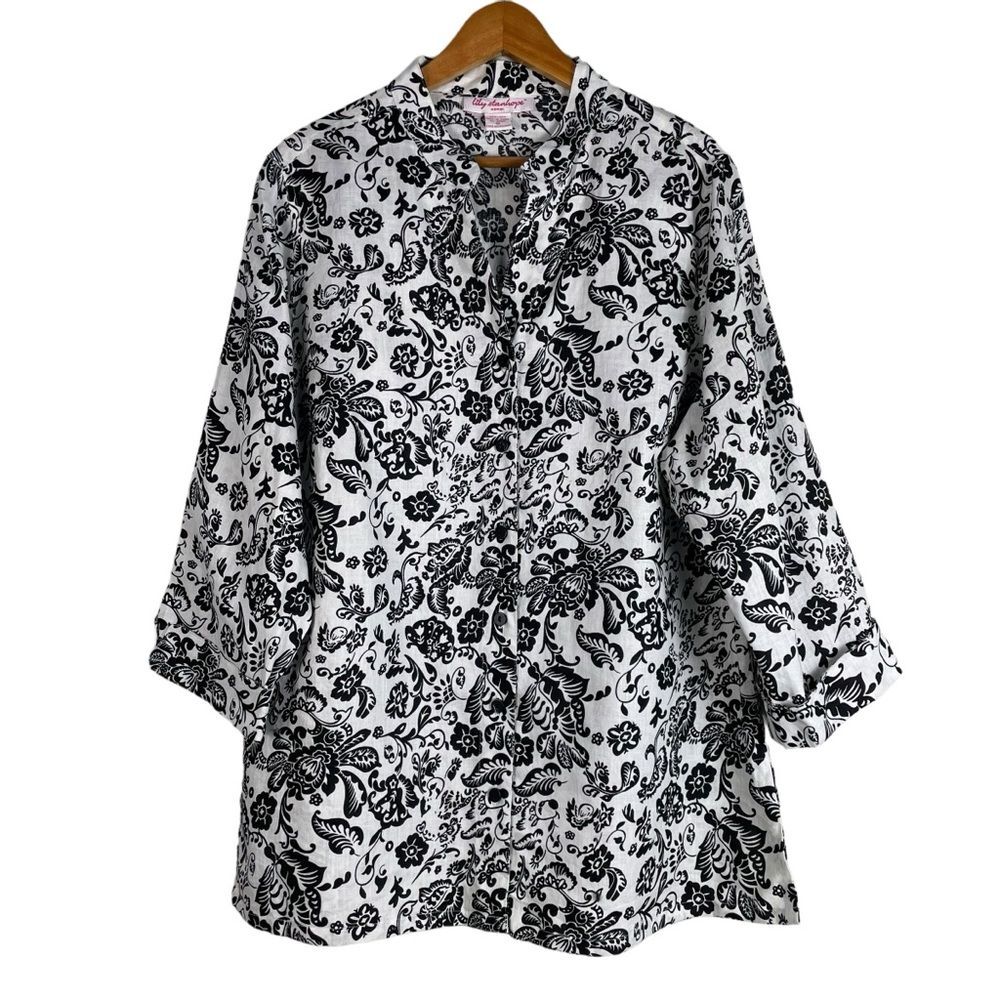 Lily Stanhope White‎ Black Floral Print 100% Linen Button Down Top Size 1X